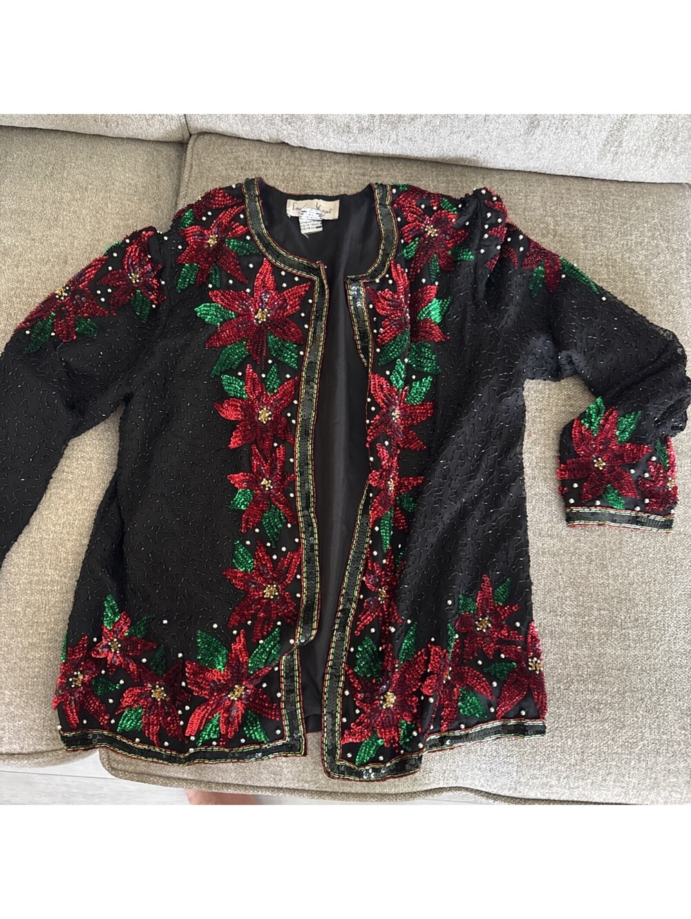 Laurence Kazar Sequin Beaded Embellished Christmas Poinsettia Sweater